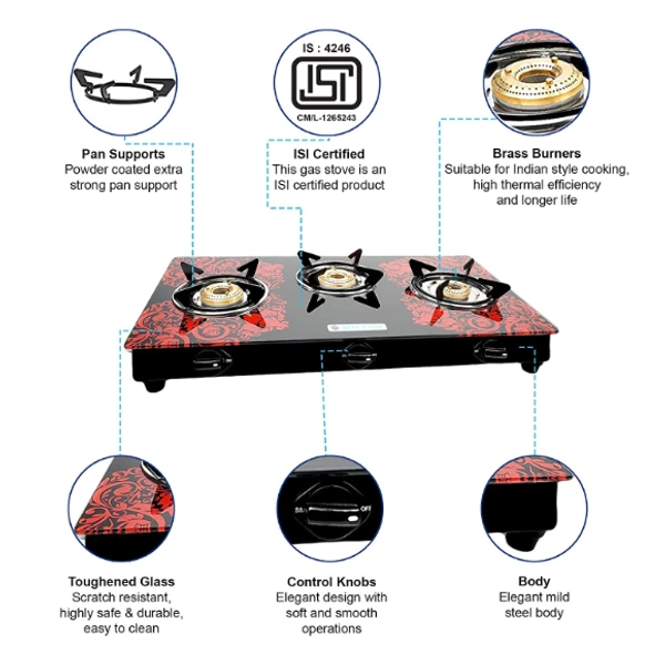 Milton Premium 3 Burner Red Glass Top Gas Stove, Manual Ignition LPG Stove - (ISI Certified, Door Step Service) - 72 x 42 x 12.5 Centimeters, Red